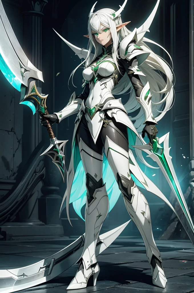 female elf necromancer, silver hair, white skin, emerald eyes, full leather armor, completely full body art, pointy ears, two-handed scythe weapon