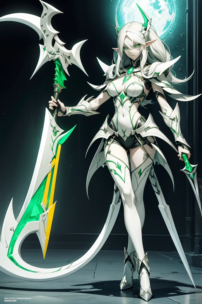 female elf necromancer, silver hair, white skin, emerald eyes, full leather armor, completely full body art, pointy ears, two-handed scythe weapon