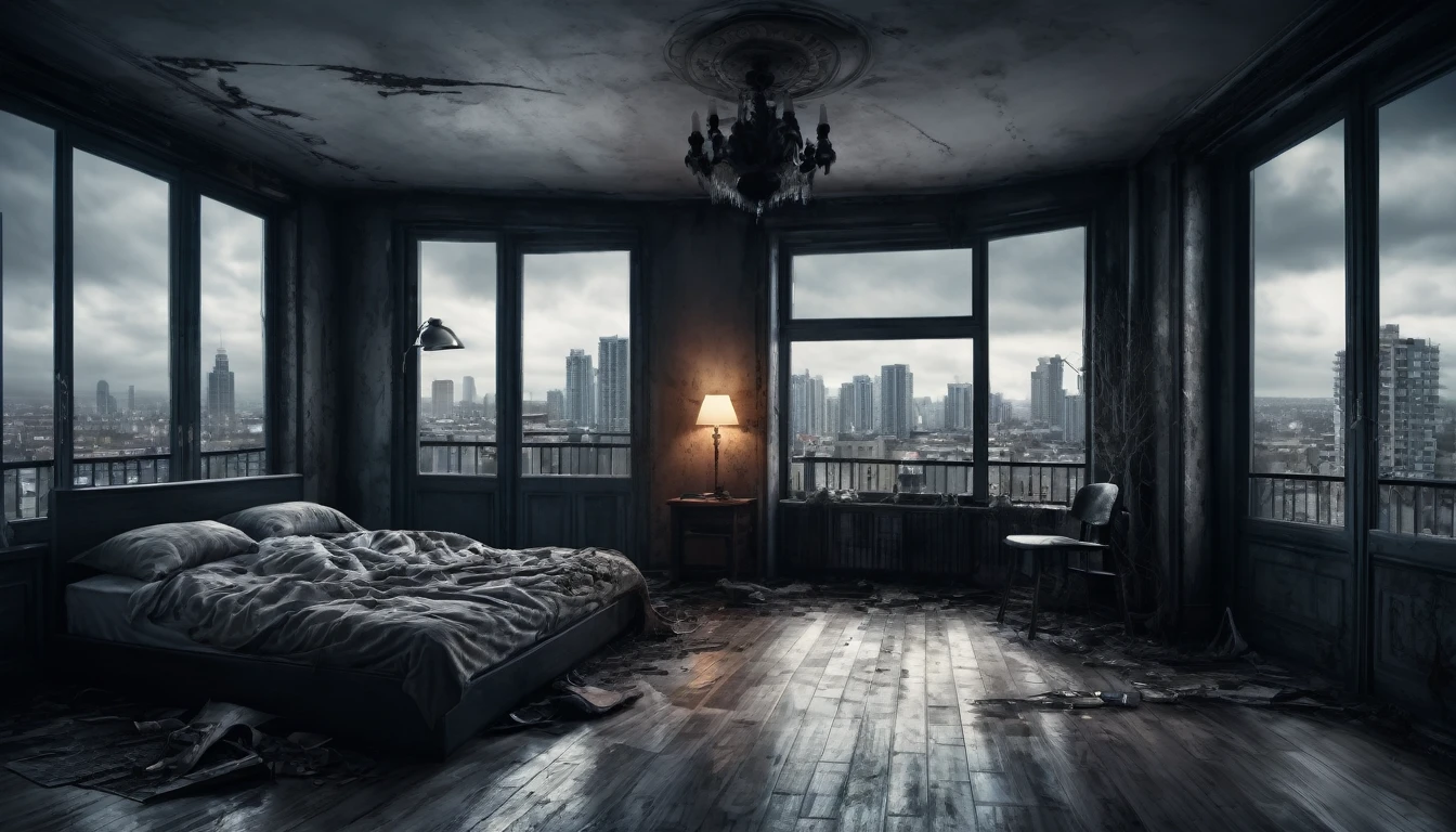 A scary horror image of an apartment in the middle of the city, PICTURE REALISTIC, high resolution, 8K