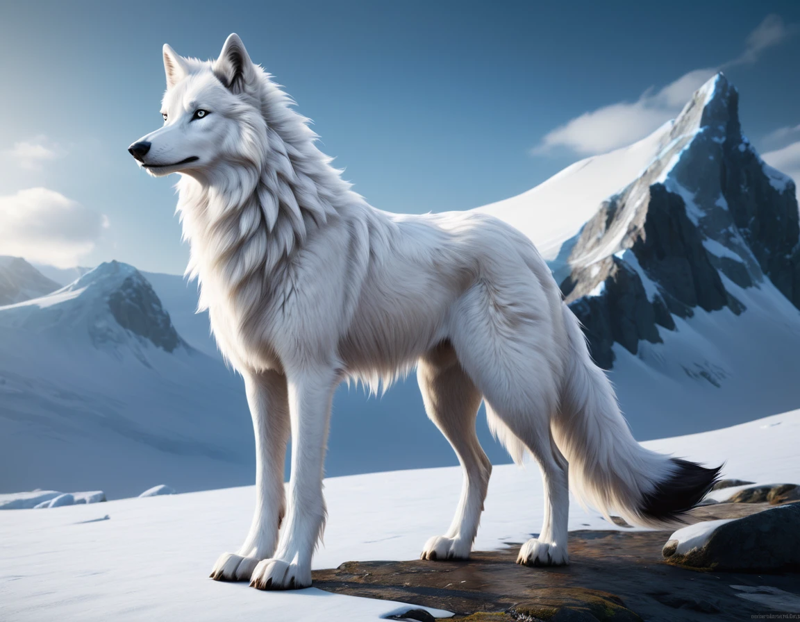 full body portrait of a tall snow all white wolf, himalayan wolf, silken windhound hybrid beast, very long fluffy white tail, long neck, mysterious arctic scenery, fantasy, dark fantasy, full body, cinematic, render, 8k, unreal engine, realistic, masterpiece, high detail, full body, low life, volumetric lighting