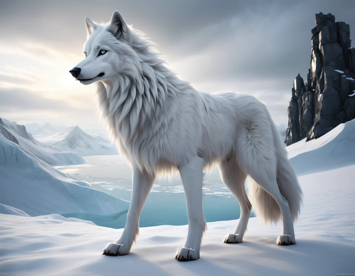 full body portrait of a tall snow all white wolf, himalayan wolf, silken windhound hybrid beast, very long fluffy white tail, long neck, mysterious arctic scenery, fantasy, dark fantasy, full body, cinematic, render, 8k, unreal engine, realistic, masterpiece, high detail, full body, low life, volumetric lighting