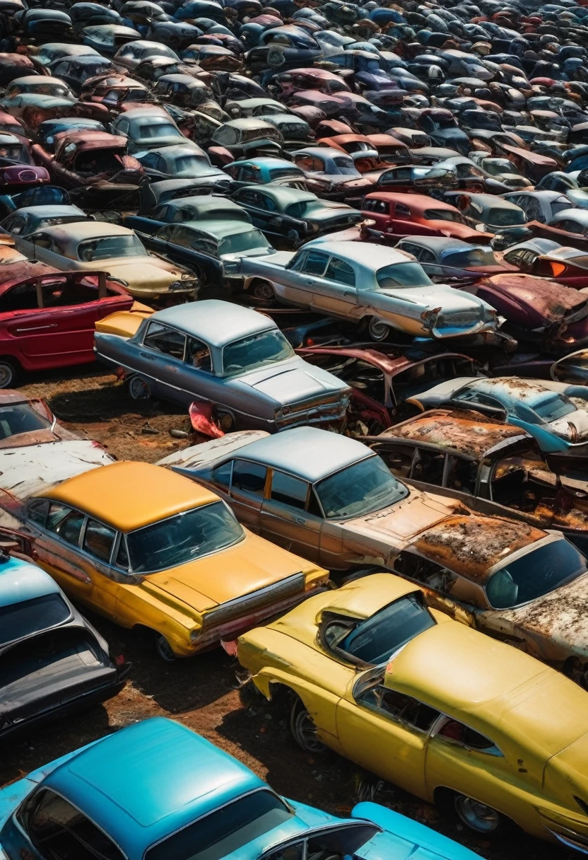 There are many cars neatly arranged in the junkyard.，A shiny flying saucer sneaked in