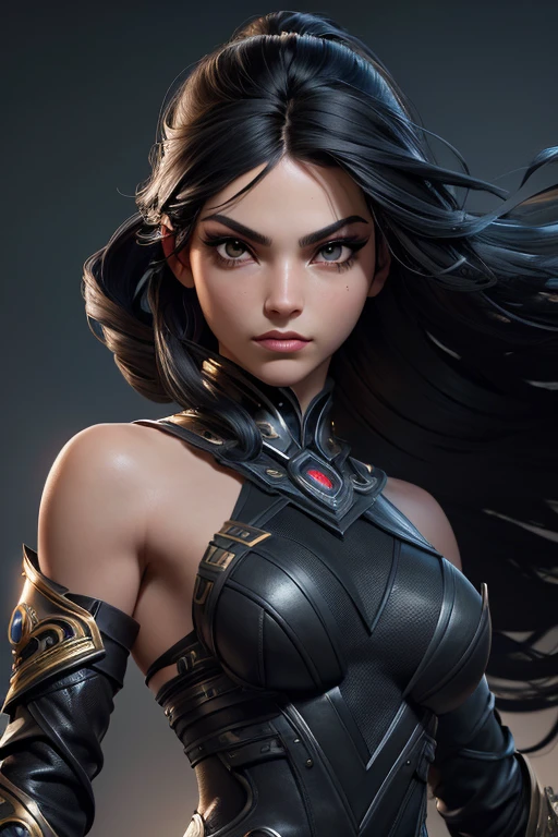 ((best qualityer)), ((work of art)), (detailded), 1 girl, blackquality hair, light and long. black eyes and striking eyelashes . with futuristic warrior costume, powerful and mysterious heroine, with a seductive presence, but intimidating. frontal photograph. c