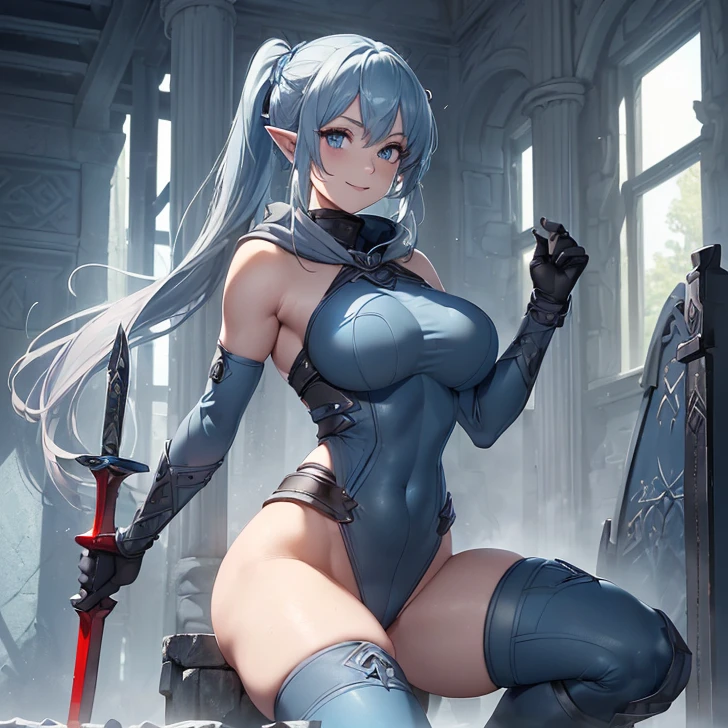 (Absurdres, best high quality, best detailed with gigh quality and very detailed features and textures alone solo character)
{{(20 years old blue-cobalt-blue-haired elf girl warrior: (pale skin, hair tied in two high-pigtails, heterochromatic eyes, very thin lips, nice feminine body, big-medium breasts, big butt, beautiful arms, beautiful legs, beautiful warrior, happy face, open smile, cheerful, holding a huge blue claymore), (full grey unitard battle suit, long full arm sleeves, thick grey gloves, long grey thick boots, black iron bell, red cloak), (huge large light blue claymore sword), (danish viking styled temple,)}}