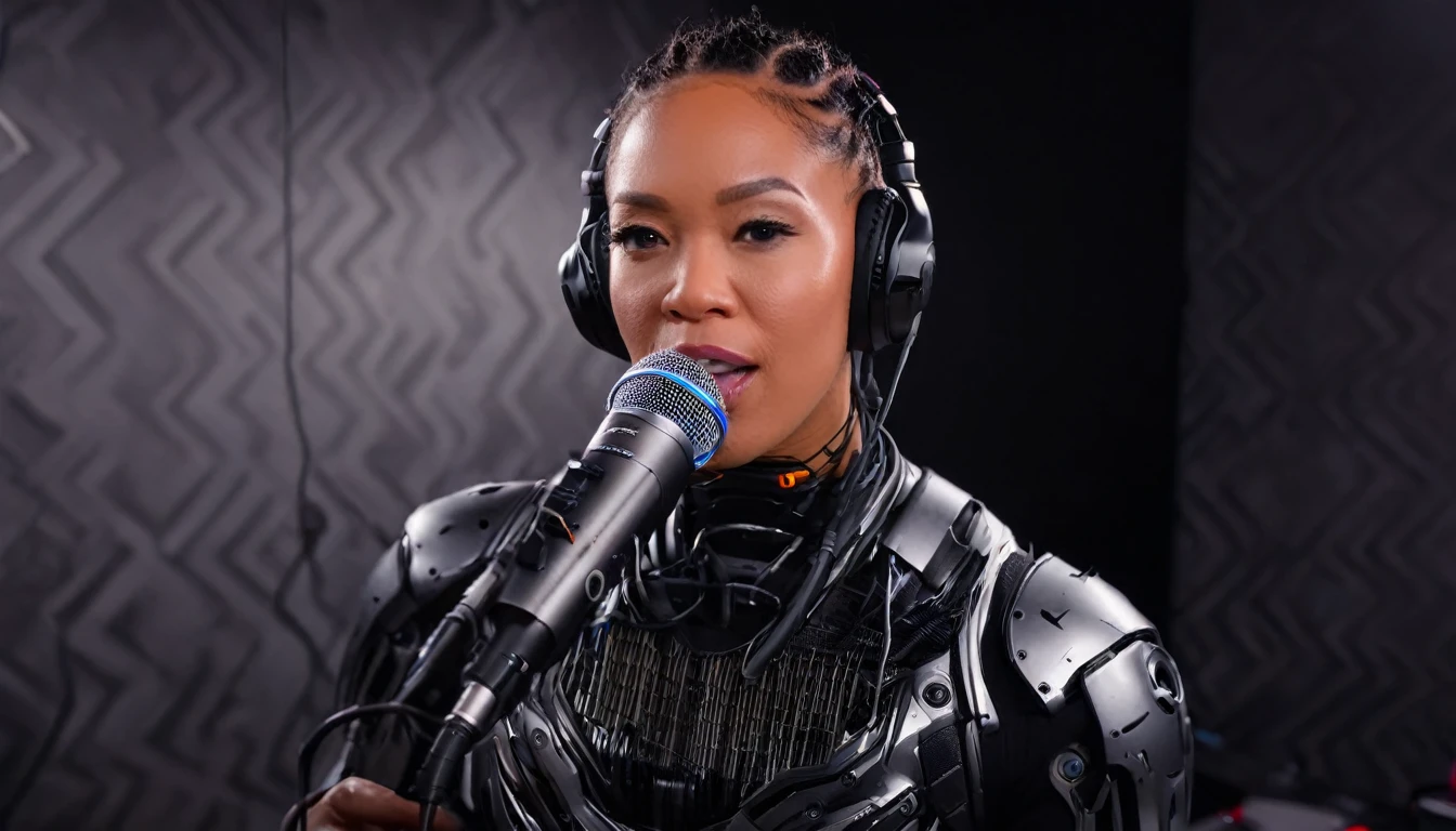 a scene in 8k hyper realistic HDR photo of a cyborg speaking on a professional Hyper X podcast microphone, angle of a Sony 55mm camera