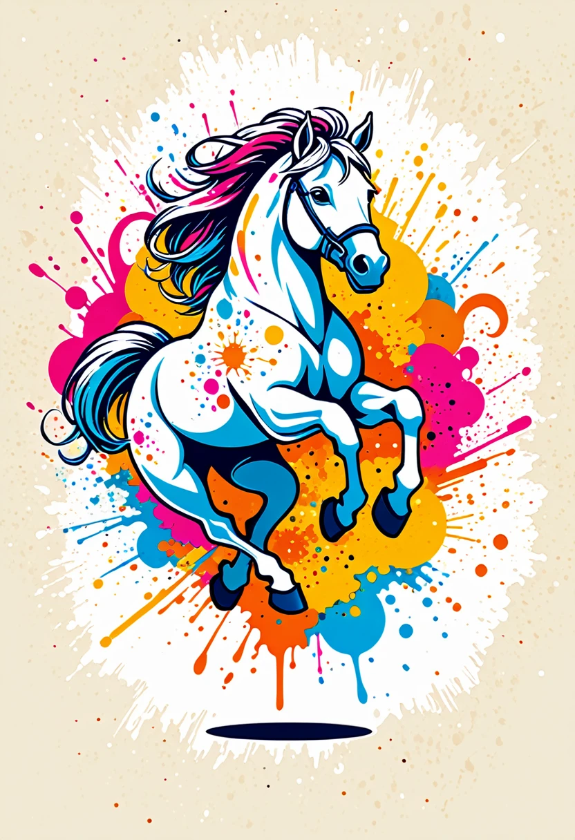 T-shirt logo with vector art, Colorful illustration with white horse jumping, At the center, swirly vibrant colors, ink spatter, ink stains and runny paint, high détail,Hawaii style background