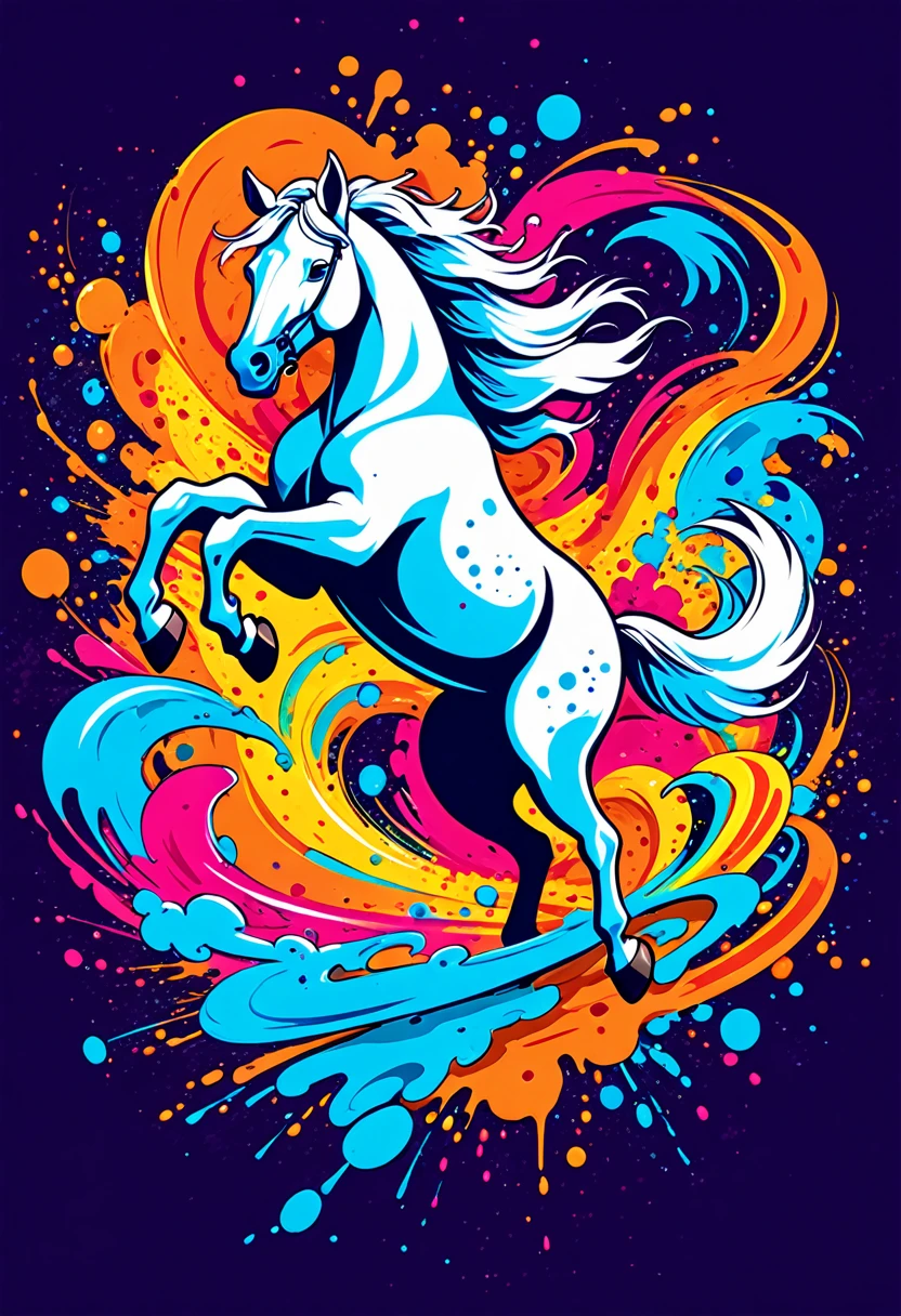 T-shirt logo with vector art, Colorful illustration with white horse jumping, At the center, swirly vibrant colors, ink spatter, ink stains and runny paint, high détail,Hawaii style background
