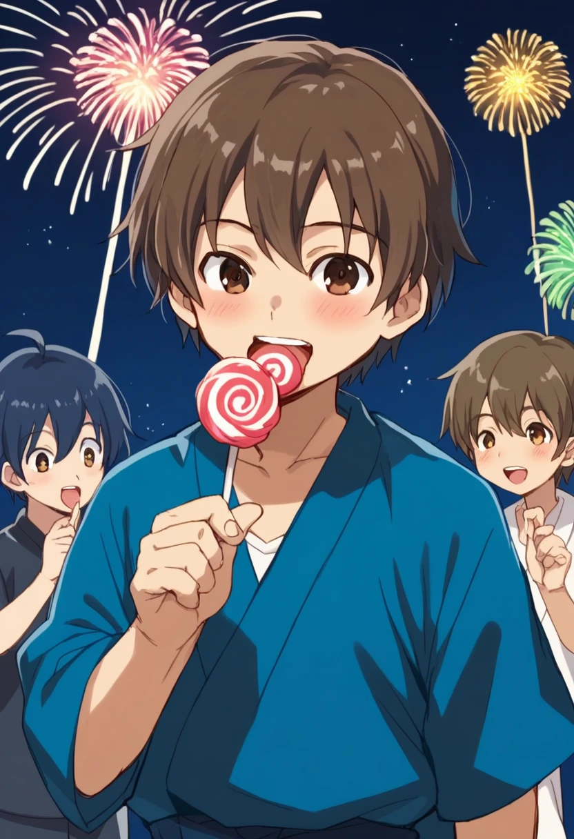 anime, 一people々Boy, Handa Shinichi, Brown Hair, Brown eyes, Temporarily stop,cotton candy (background, ・色とりどりの花火が夏祭り会場のColor the night sky. Fireworks soar high into the sky、Color the night sky. ・The summer festival scene is centered around boys... ● Stalls and stalls are lined up, そしてpeople々々looks fun. ), (people々, A man in a yukata stands under fireworks. Late teens to early twenties, -A man has a huge piece of cotton candy in her hand. ), (Four fingers and thumb:1.3), (cotton candy, ・((The man is holding her face size over cotton candy:1.3), (massive size cotton candy:1.5)). ・cotton candyは真っ白でふわふわ, It smells sweet when you put it in your mouth. ), Open your mouth:1.25, (Performance, ・The man is eating cotton candy with relish. The boy has a satisfied smile on his face.. ),