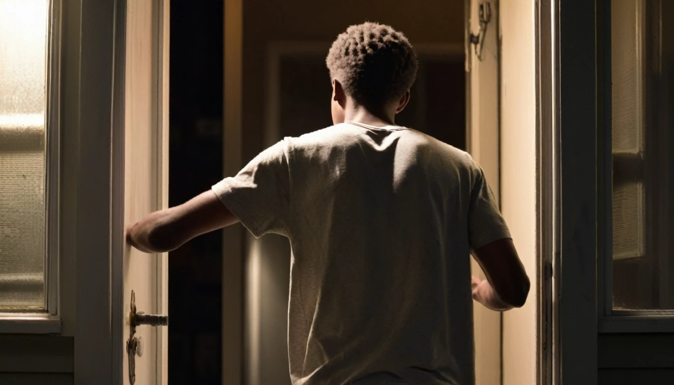 An 18-year-old young man with his back turned brutally knocking on the door of a house on a dark, dimly lit night