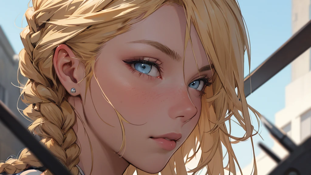 ((best quality)), ((work of art)), ((detailed)), young woman, in profile, blonde hair with braids, seductive gaze
