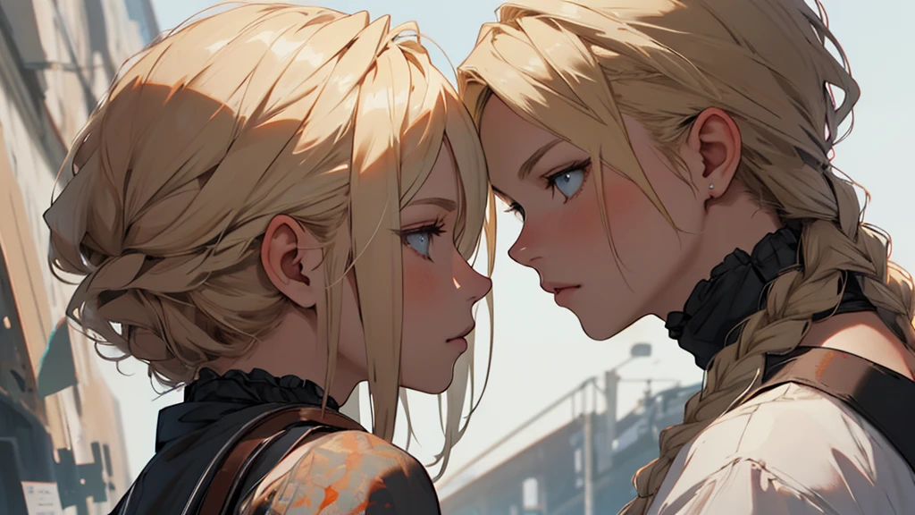 ((best quality)), ((work of art)), ((detailed)), young woman, in profile, blonde hair with braids, seductive gaze
