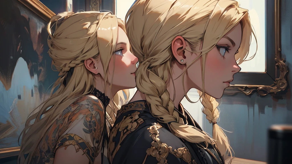 ((best quality)), ((work of art)), ((detailed)), young woman, in profile, blonde hair with braids, seductive gaze
