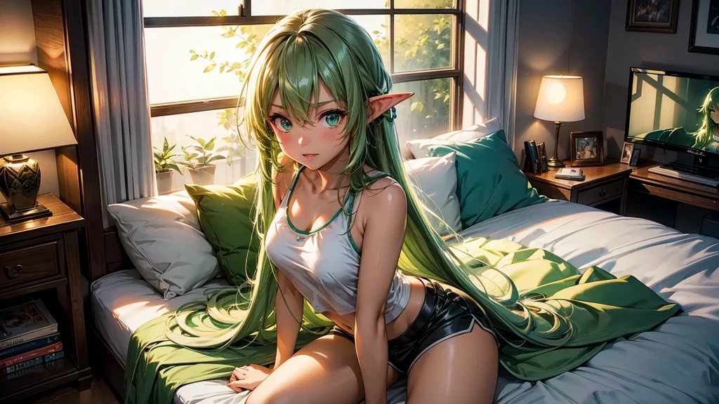 Create a high-quality, detailed image of a beautiful anime goblin girl with light green skin, HER SKIN COLOR IS GREEN, and long hair, sitting at her gaming PC in her bedroom. She is wearing a see-through tank top, along with sleep shorts that reveal her midriff and highlight her stunning curves. The warm, inviting scene includes soft ambient lighting and comfortable seating. The bedroom is illuminated by a small lamp, creating a serene and intimate atmosphere. Ensure the room has cozy elements like a bed with plush pillows and blankets, posters on the walls, and a few gaming accessories scattered around to enhance the ambiance. The goblin girl is relaxed, immersed in her gaming setup, which adds a playful and comfortable vibe to the scene.