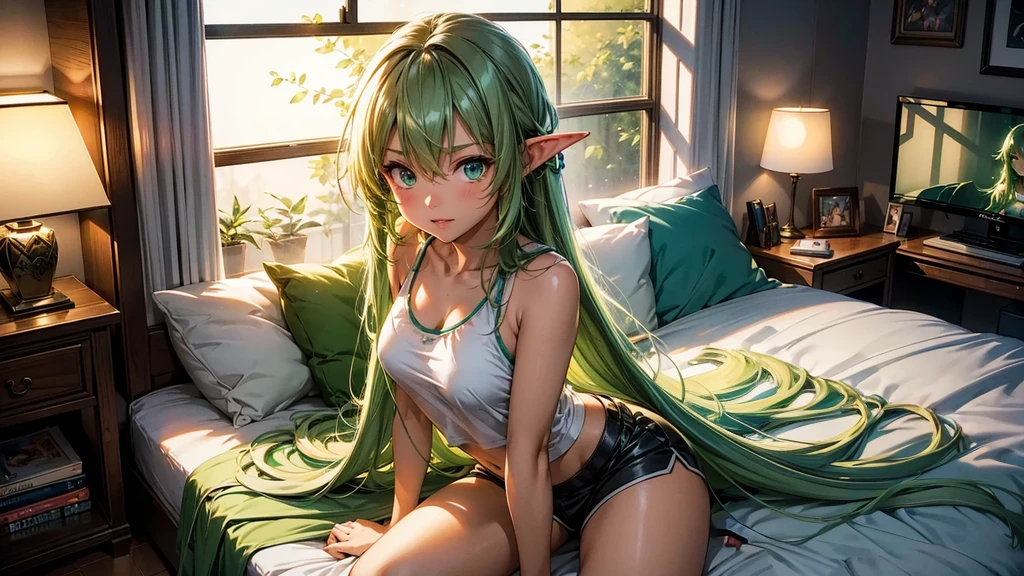 Create a high-quality, detailed image of a beautiful anime goblin girl with light green skin, HER SKIN COLOR IS GREEN, and long hair, sitting at her gaming PC in her bedroom. She is wearing a see-through tank top, along with sleep shorts that reveal her midriff and highlight her stunning curves. The warm, inviting scene includes soft ambient lighting and comfortable seating. The bedroom is illuminated by a small lamp, creating a serene and intimate atmosphere. Ensure the room has cozy elements like a bed with plush pillows and blankets, posters on the walls, and a few gaming accessories scattered around to enhance the ambiance. The goblin girl is relaxed, immersed in her gaming setup, which adds a playful and comfortable vibe to the scene.