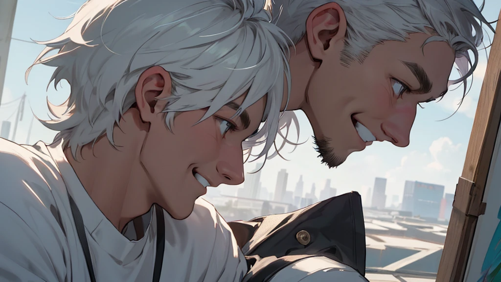 ((best quality)), ((work of art)), ((detailed)), man, short white hair, in profile, smiling