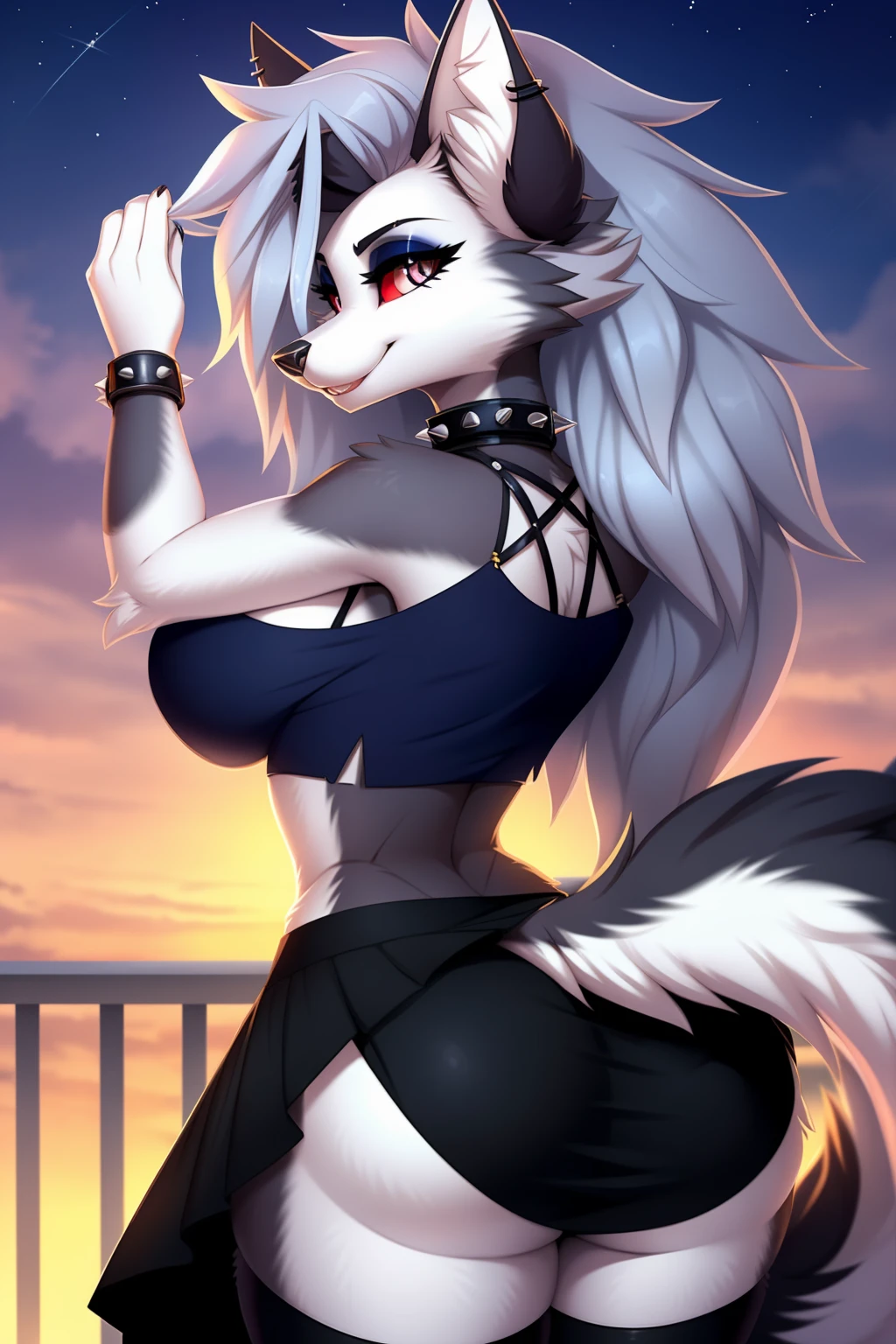 By zinfyuu on pixiv,by twistedscarlet60, uploaded on pixiv, by fluff-kevlar, (masterpiece), (best quality), (anthro furry:1.3, snout:1.2, anthro:1.3, furry:1.2, solo female:1.2), (extremely detailed:1.3), (Detailed eye part: White lens, red iris,black cornea), tall, slim body, sweet smile, wear Black tshirt and long skirt, loona, hellhound, busty, big breast, thick thighs, earrings, peircings, furry female, body fur, makeup, wolf ears, crop top, collar, spikes, jewelry, ear piercing, bracelet, wolf tail, ass from behind, butt, ass, round ass, bubble butt