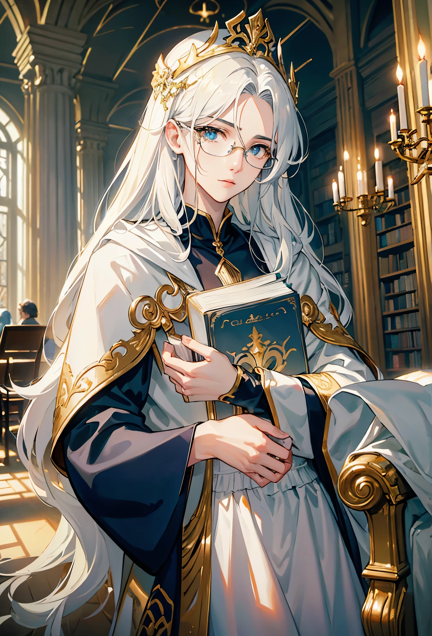 an androgynous boy with long white hair stands inside a large library and holds an open book, the boy is wearing a white cape with blue jewels and gold adornments and glasses, the library is lit by candles and filled with books stacked on the floor, with a large round window in the background showing a big constellation, Perfect lips, symmetrical face, olhos realistas, pele de porcelana, HDR, UHD