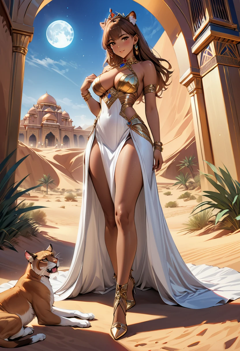 Arafed digital painting of a desert princess BREAK and her epic pet cougar in her palace high details, best quality, 16k, f a female human princess and her pet cougar, princess of the desert, full body, ((anatomically correct: 1.5)) ((standing: 1.5)) proudly royalty demeanor, a woman, (best detailed face: 1.5), Ultra Detailed face, ((human ears: 1.3)), wearing royal desert dress, decorated with gems, wearing princess tiara, small cleavage, thigh high intricate leather high heeled boot, thick hair, long hair, brown hair, tan skin intense brown eyes, her epic desert (cougar : 1.3) lying at her feet, guarding her, an epic fantasy desert palace in an oasis in the background (intricate details, Masterpiece, best quality: 1.5) night, moon light, stars ,Wide-Angle, award winning, best quality, high quality, high details, highres, vibrant, Ultra-high resolution, High Contrast, (masterpiece:1.5), highest quality, Best aesthetics, best details, best quality, highres, ultra wide angle, 16k, [ultra detailed], masterpiece, best quality, chumbasket art style, Cinematic Hollywood Film, 