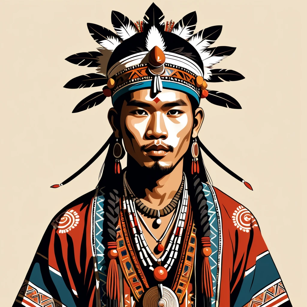 man in folk outfit from an unknown asian tribe, vector graphics, strong contours