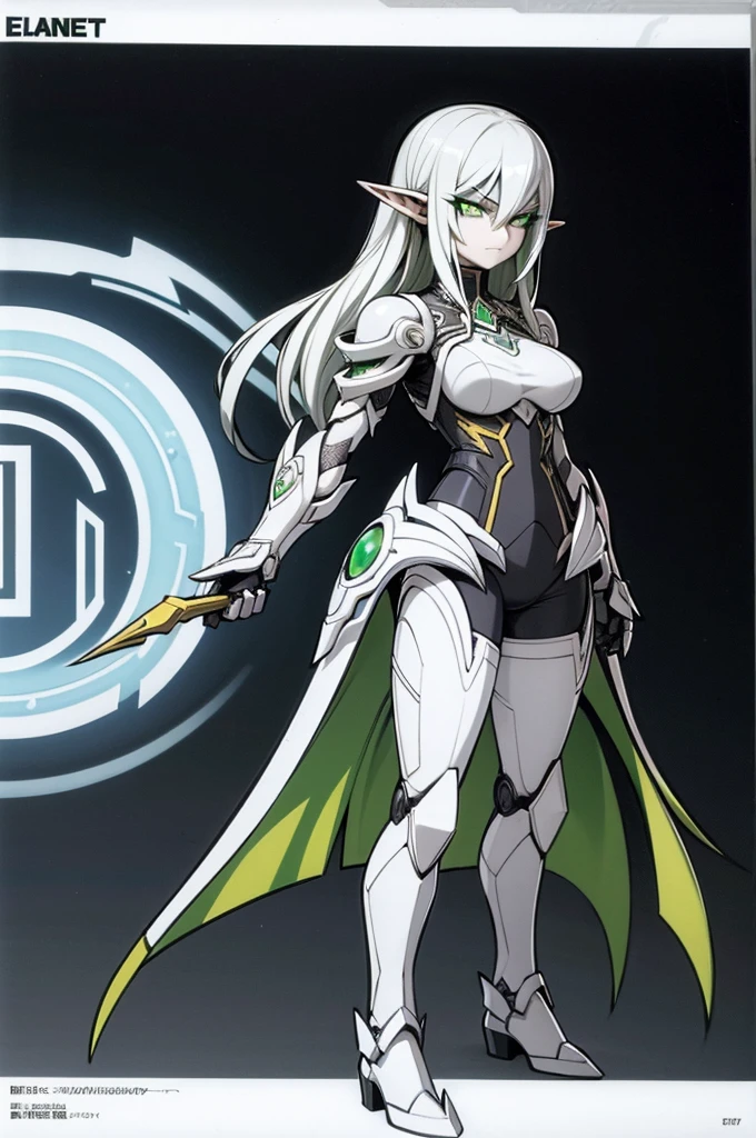 female elf necromancer, silver hair, white skin, emerald eyes, sinister aura black full leather armor, completely full body art, pointy ears, two-handed scythe weapon