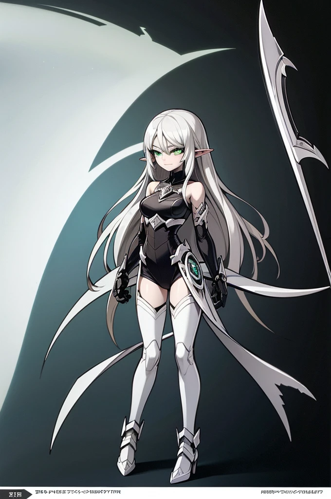 female elf necromancer, silver hair, white skin, emerald eyes, sinister aura black full leather armor, completely full body art, pointy ears, two-handed scythe weapon