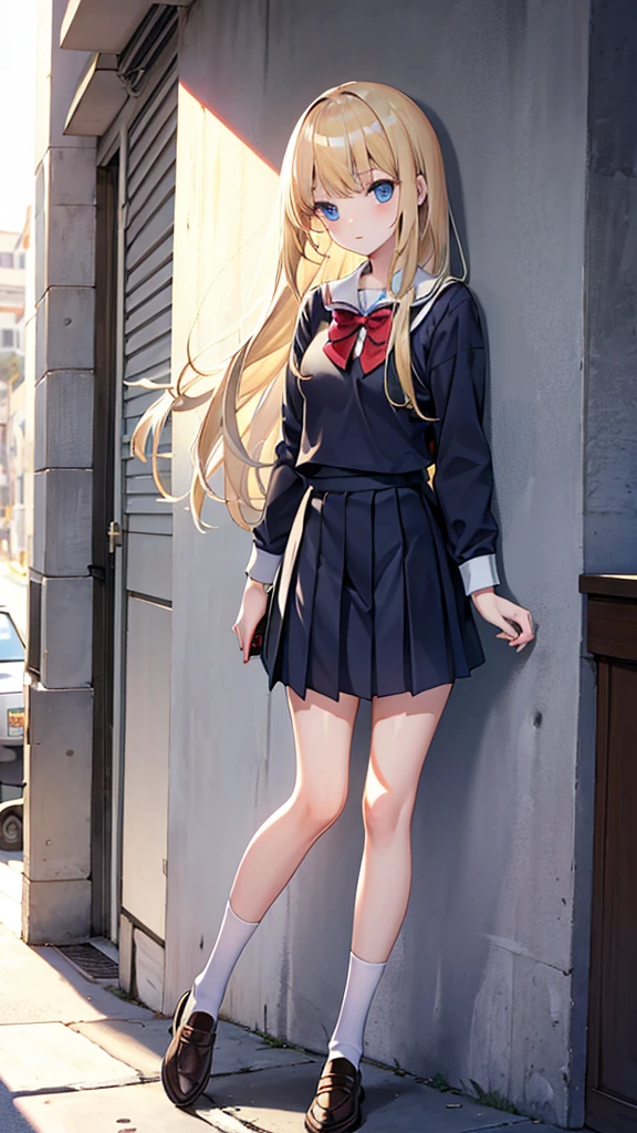 long blonde hair with bangs, school clothes, local preppy: school against the wall estilo:patricinha