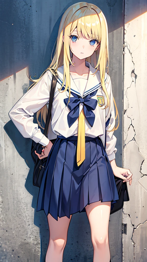 long blonde hair with bangs, school clothes, local preppy: school against the wall estilo:patricinha