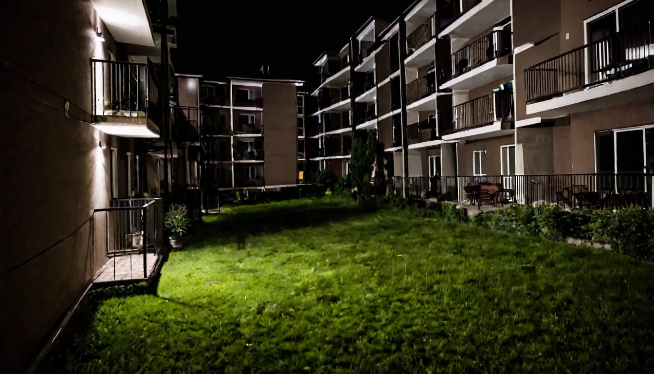 apartment complex, tense atmosphere, dark night, no people in the place