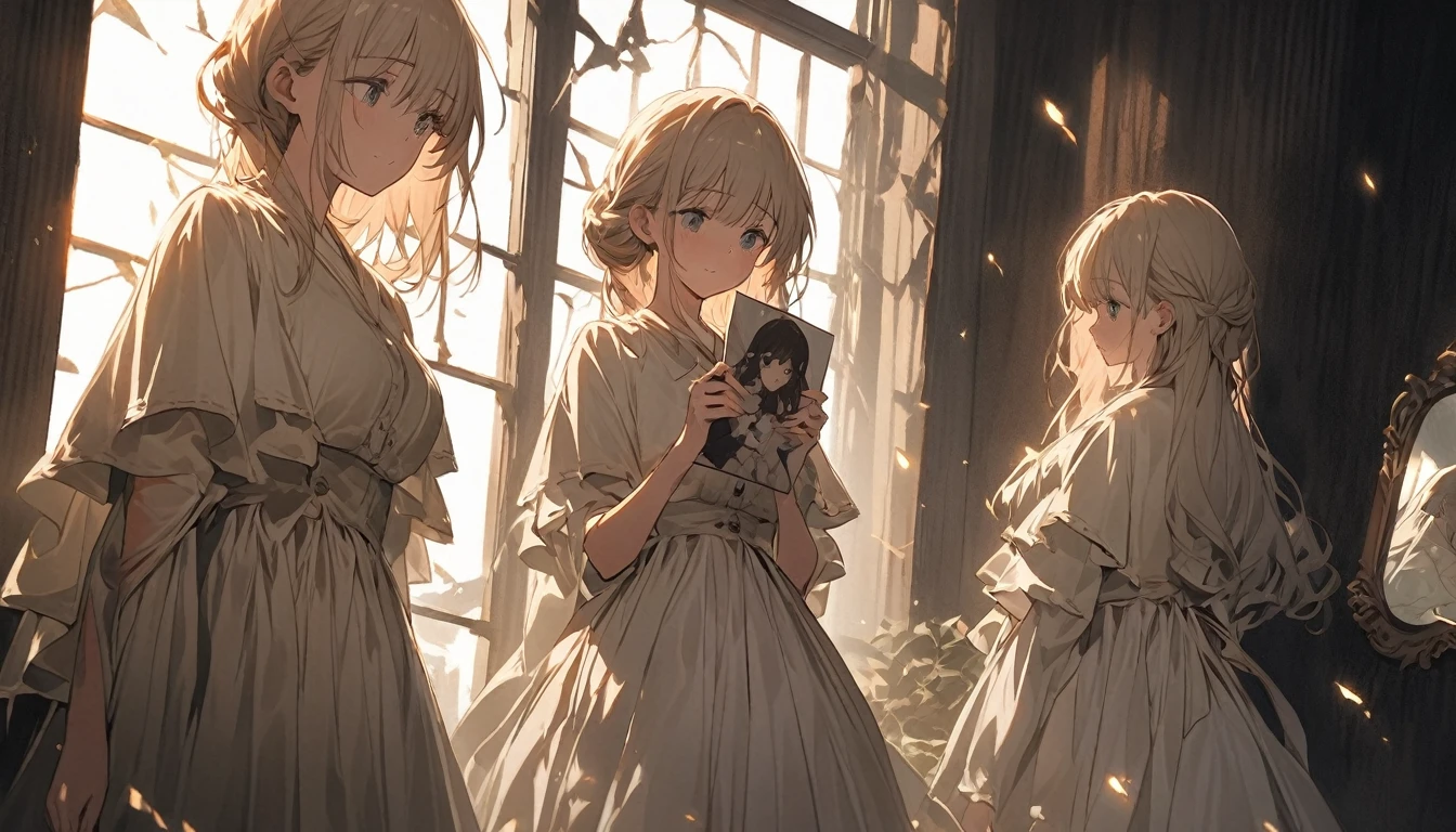 An anime girl standing in a softly lit room with a melancholic expression. She faces a tall mirror that reflects a shattered image, symbolizing broken dreams and unfulfilled expectations. The background shows a cozy room with personal items scattered around, indicating a once cherished relationship. A window lets in the soft light of a setting sun, casting long shadows and a warm glow, symbolizing the passage of time and fading hopes. The girl's posture is slightly slumped, conveying her emotional struggle. In her hand, she holds a photo of someone she once admired, now realizing the truth about them. The atmosphere is filled with a sense of sadness and realization, but also a hint of strength as she begins to accept the reality and move on. The lighting enhances her reflective mood, with shadows accentuating the depth of her emotions.