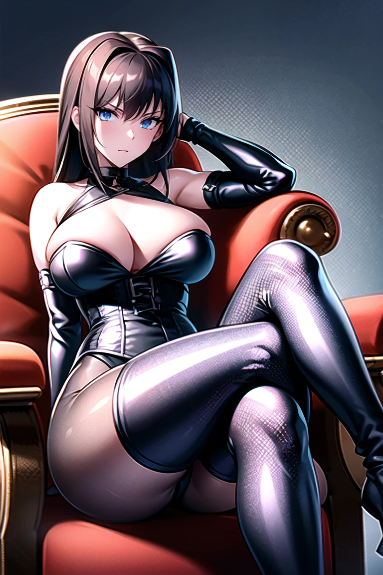 Leaning back in the chair, Leaning on a chair's armrest, pantyhose, bondage, leotard, latex, heels, harness, blue eyes, brown hair, intake, long hair, masterpiece, best quality, ultra detailed, beautiful, masterwork, ultra high res, super fine illustration, cg unity 8k wallpaper, cleavage, large breasts, cowboy shot, dominatrix, black clothes, dare shoulder, elbow gloves, thigh boots, perfect hands, perfect eyes, ultra detailed beautiful face, gleaming skin, oil skin, shiny skin, sitting, antique chair, throne, mistress, gloves, shiny clothes, adult, (((crossed legs))), two legs, both legs, perfect legs, armchair, arms on armchair, bdsm, zipper, corset,

