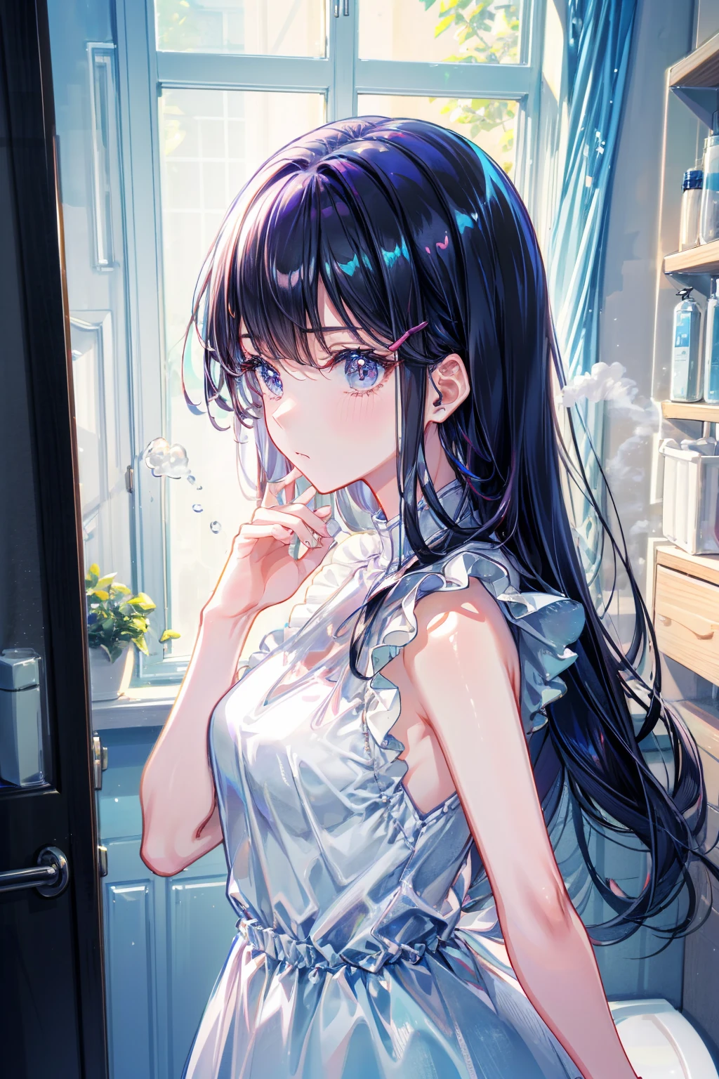 Beautiful woman、Draw a scene of Misaki standing in front of the bathroom mirror.。Misaki is wearing a transparent dress with a light mist-like texture.。The dress symbolized her loneliness.、It gives a heavy yet ephemeral feeling.。Her expression is sad and introspective.、I'm looking at myself in the mirror。The background is a simple and contemporary bathroom.、The soft morning light shines in、There's a little bit of steam。The cityscape is faintly reflected in the mirror.。