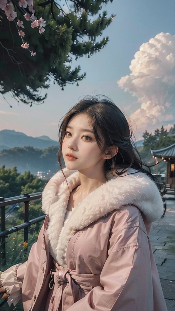(best quality, masterpiece),(1girl, miko, coat, expression face, black eyes, looking at front ,black hair, walking, upper body), (night strray sky, huge old tree behind, falling glowing pink petals behind, shrine behind, mountain background, blowing wind, meteoric cloud)