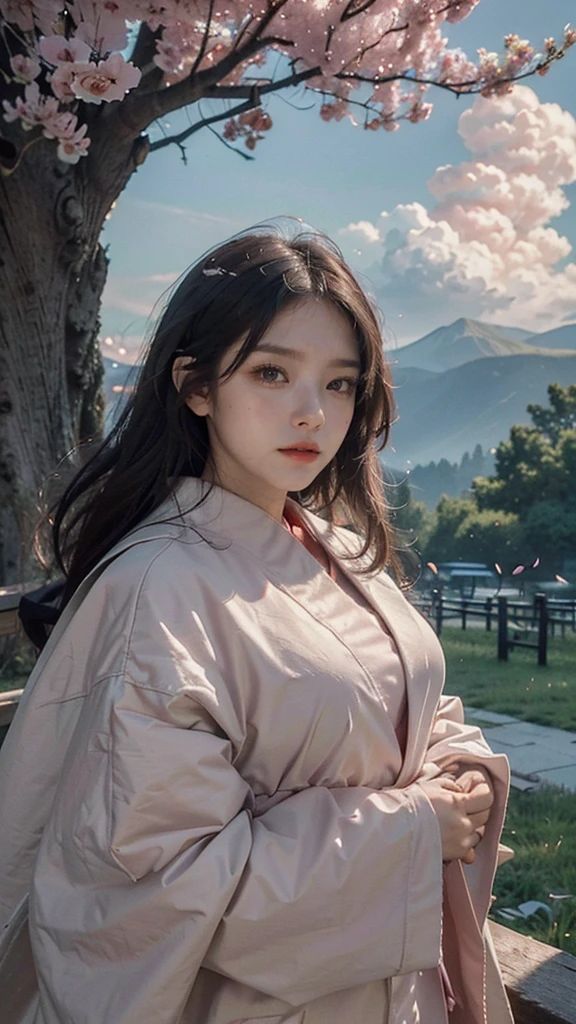 (best quality, masterpiece),(1girl, miko, coat, expression face, black eyes, looking at front ,black hair, walking, upper body), (night strray sky, huge old tree behind, falling glowing pink petals behind, shrine behind, mountain background, blowing wind, meteoric cloud)