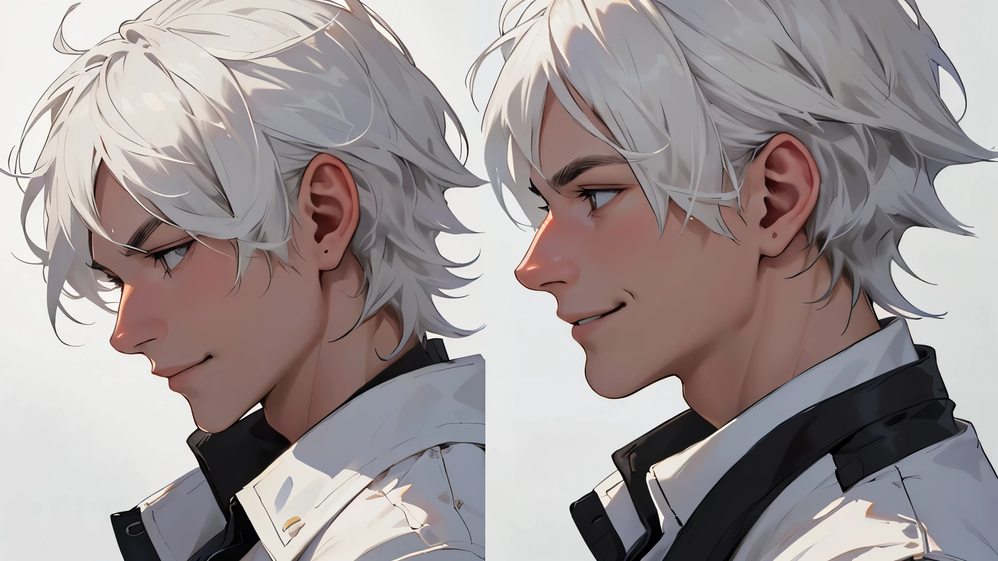 ((best quality)), ((work of art)), ((detailed)), man, short white hair, in profile, smiling