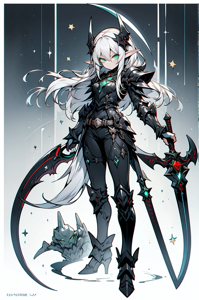 female elf necromancer, silver hair, white skin, emerald eyes, sinister aura black full leather armor, completely full body art, pointy ears, two-handed scythe weapon