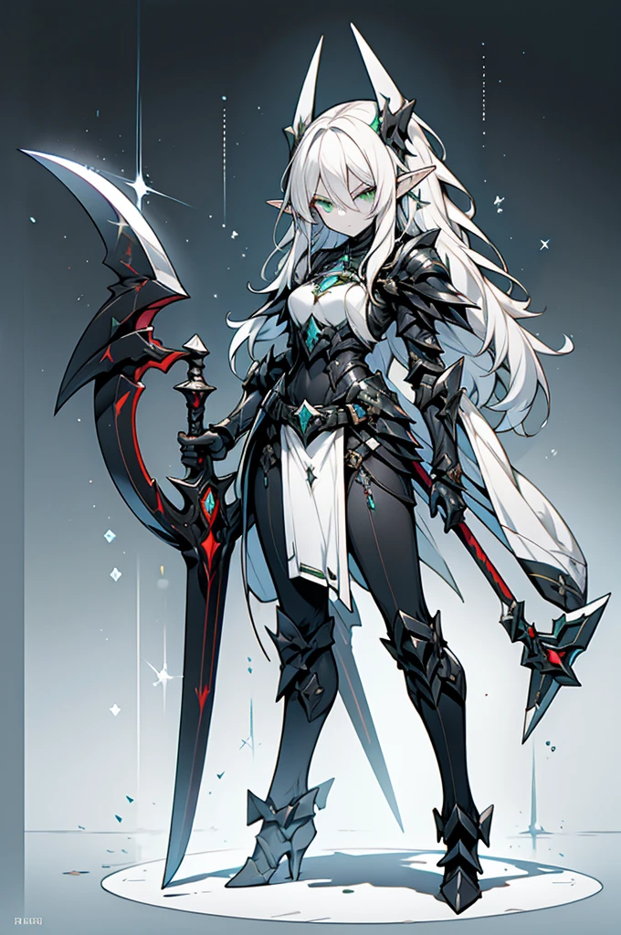 female elf necromancer, silver hair, white skin, emerald eyes, sinister aura black full leather armor, completely full body art, pointy ears, two-handed scythe weapon