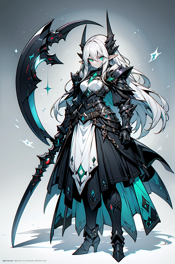 female elf necromancer, silver hair, white skin, emerald eyes, sinister aura black full leather armor, completely full body art, pointy ears, two-handed scythe weapon