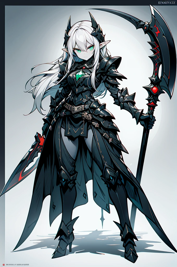 female elf necromancer, silver hair, white skin, emerald eyes, sinister aura black full leather armor, completely full body art, pointy ears, two-handed scythe weapon