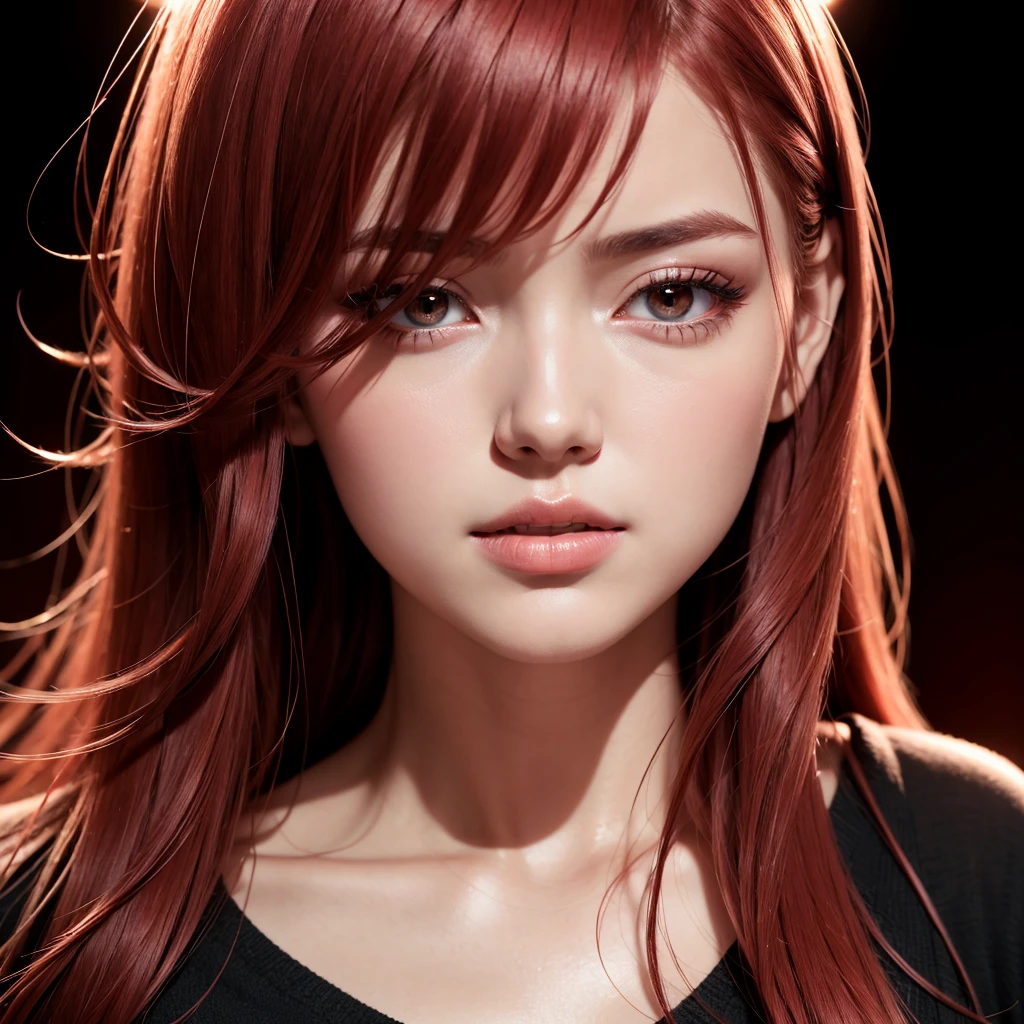 1 girl, star eye, blush, perfect lighting, Red hair, Eyes red, engine unreal, side lighting, face detailed, bangss, shining skin, simple background, darkness background