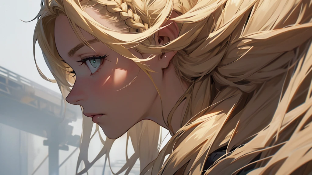 ((best quality)), ((work of art)), ((detailed)), young woman, in profile, blonde hair with braids, seductive gaze
