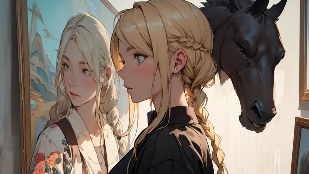 ((best quality)), ((work of art)), ((detailed)), young woman, in profile, blonde hair with braids, seductive gaze