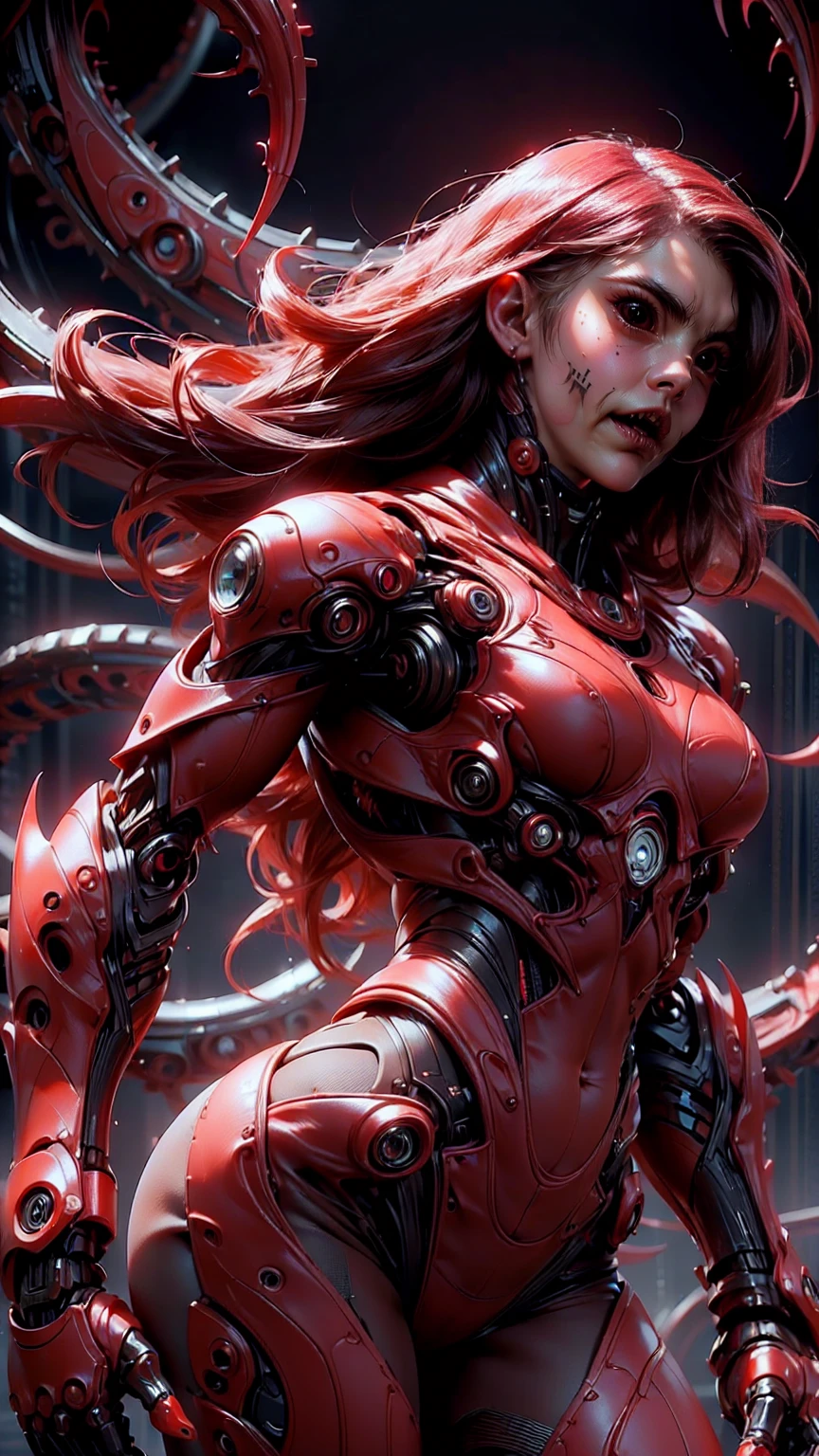 (beautiful girl:1.25), (megan fox:1.25), (young bodybuilder girl wearing cybernetic muscle suit:1.25), carnage muscular physique, seductive face, mouth wide open carnage style, long red hair, perfect muscular body, super skinny legs, sissy, femboy, (carnage style physique)