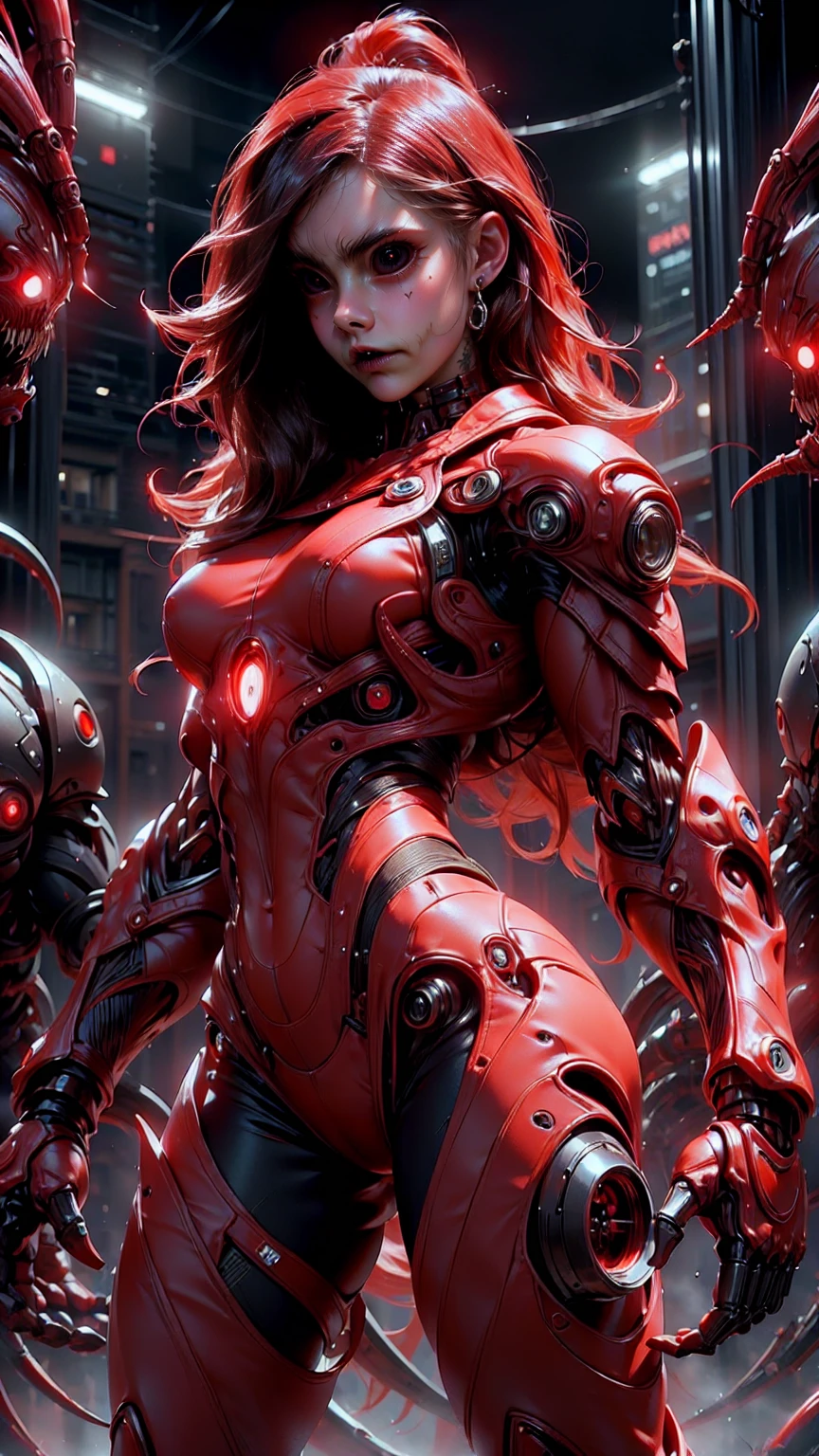 (beautiful girl:1.25), (megan fox:1.25), (young bodybuilder girl wearing cybernetic muscle suit:1.25), carnage muscular physique, seductive face, mouth wide open carnage style, long red hair, perfect muscular body, super skinny legs, sissy, femboy, (carnage style physique)