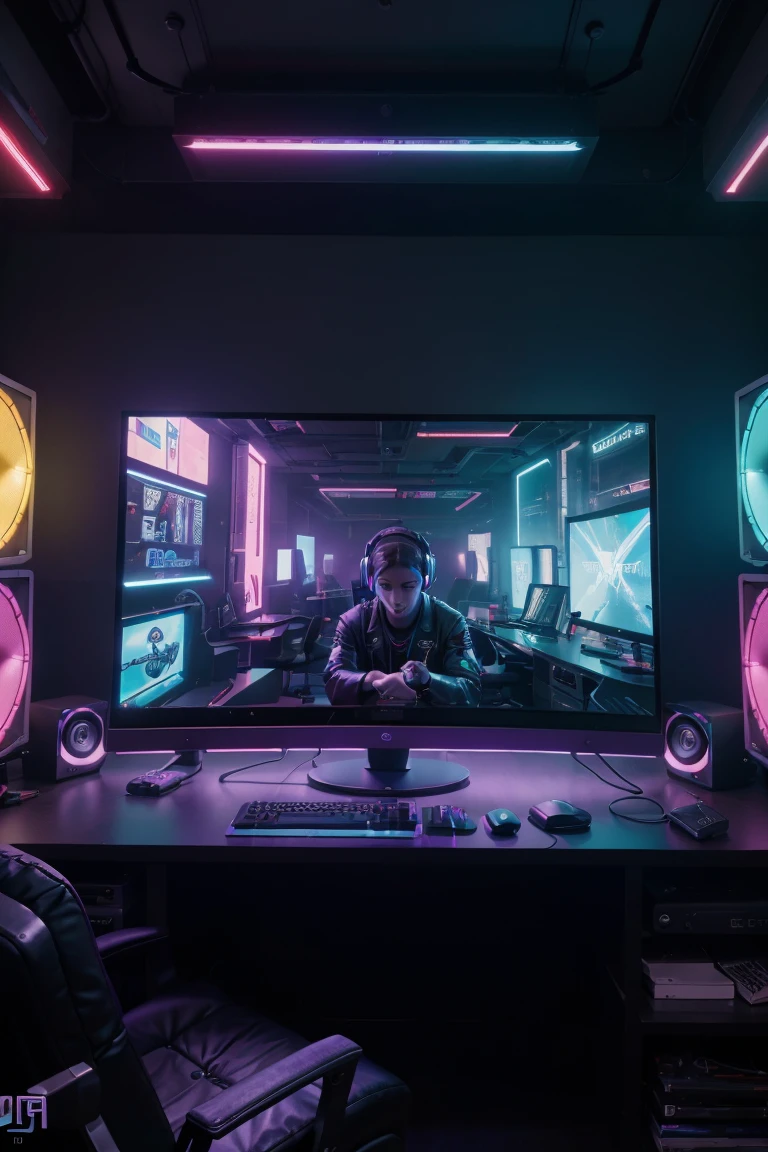 there is a computer desk with a keyboard and headphones, player screen on metal table, pc gaming, colorful computer screen, gaming pc, gaming computers, dark setting, led gaming, gaming, computer configuration, Cyberpunk scenario, purple and cyan lighting, cinematic colors lighting, e-sport style, vibrant cinematic lighting, cyberpunk ager room