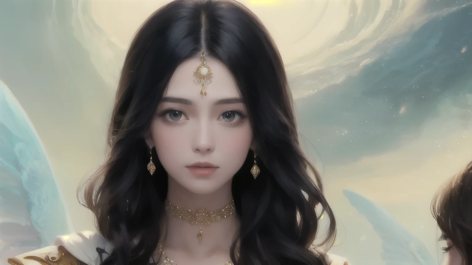 ((best quality)), ((masterpiece)), (detailed), An illustration of a woman with long black hair, surrounded by a dreamy, magical aura, while people around her listen intently to her voice.