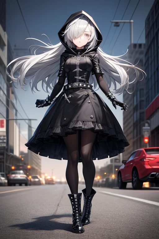 ((best quality)), ((masterpiece)), (detailed), 1 girl, Full body, 18 years old, Depressed face, Silver eyes, One eye, Outstretched arms, Covered eyes, Silver hair, Long hair, Spiky hair, Bangs, Strand of hair covering her eye, Full body, Tall, Athletic, Small breasts, Slim, Gray zippered hood, Metal spikes, Gray wristbands, Long black spiked gloves, Gray gothic lolita dress, Gray dress with metal spikes, Metal emblem, Tight fit, Black belt, Black pantyhose, Black boots, Walking through the city, Metal spikes coming out of the highway, City background, Gray clothes, Superhero, Anime, Plush rabbit in her arms