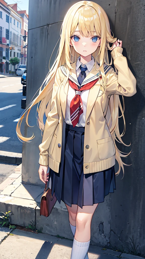 long blonde hair with bangs, school clothes, local preppy: school against the wall estilo:patricinha