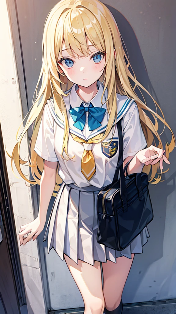 long blonde hair with bangs, school clothes, local preppy: school against the wall estilo:patricinha