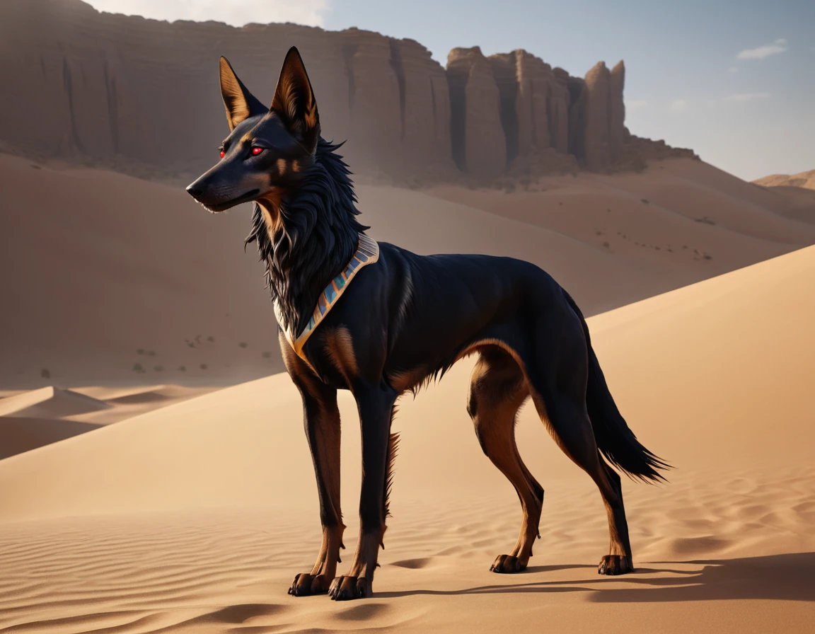 full body portrait of a black jackal, anubis, pharaoh hound, silken windhound hybrid beast, red eyes, mysterious desert scenery, fantasy, dark fantasy, full body, cinematic, render, 8k, unreal engine, realistic, masterpiece, high detail, full body, low life, volumetric lighting