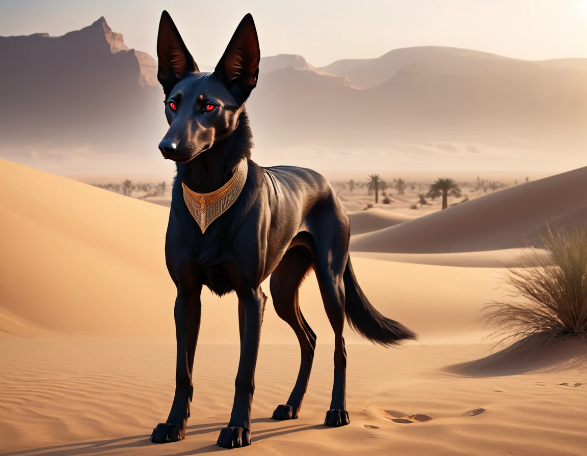 full body portrait of a black jackal, anubis, pharaoh hound, silken windhound hybrid beast, red eyes, mysterious desert scenery, fantasy, dark fantasy, full body, cinematic, render, 8k, unreal engine, realistic, masterpiece, high detail, full body, low life, volumetric lighting
